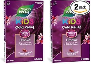 Nature'S Way Cold Relief For Kids 6+, Umcka, Shortens Duration & Reduces Severity, Multi-Symptom Cold Relief, Homeopathic, Phenylephrine Free, Cherry Flavored, 10 Chewable Tablets (Packaging May Vary)