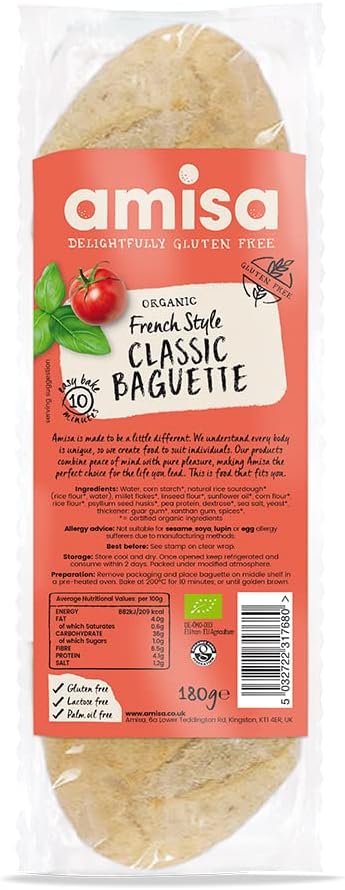 Amisa Organic Gluten-Free French Style Classic Baguette,180G - High In Fibre & Vegan-Friendly