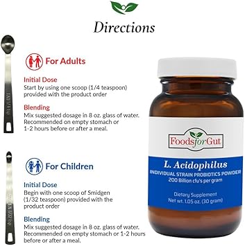Foods For Gut Lactobacillus Acidophilus Probiotic Powder 200 Billion Cfu'S | Made In Usa | No Additives | Digestive & Immune Support | High Potency | L. Acidophilus | 30 Grams (1.05 Oz) : Health & Household