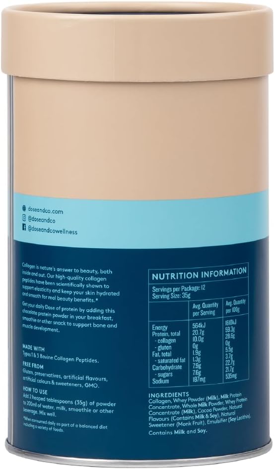 Dose & Co Collagen Protein Powder (Chocolate Fudge) 420g – Non-GMO, Gluten Free Collagen Peptides Supplement – 20g of Whey Protein, Chocolate : Amazon.co.uk: Health & Personal Care