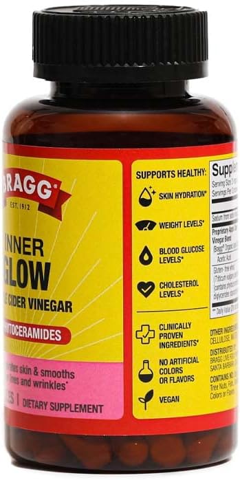 Bragg Inner Glow Apple Cider Vinegar And Phytoceramide Capsules - 750Mg Of Acetic Acid – Energy & Weight Management Support - Promotes Skin Hydration And Rejuvenation - (90 Pills)