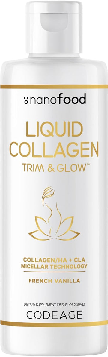 Codeage Liquid Collagen Supplement Vanilla Flavor, Beauty Trim & Glow Liposomal Collagen Peptides, Cla Conjugated Linoleic Acid, Hyaluronic Acid, Vitamin E, Hydrolyzed, Non-Gmo, 15.22 Fl Oz