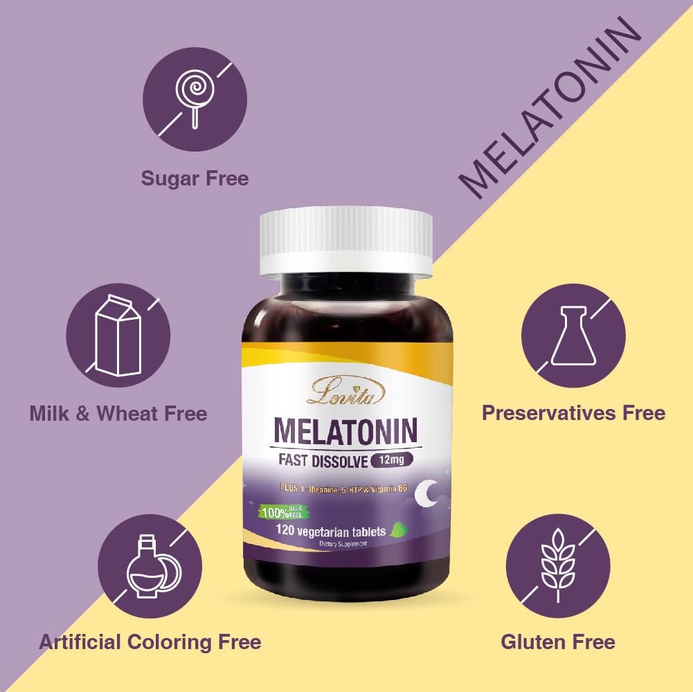 Lovita Melatonin 12 Mg Fast Dissolve Tablets, Exclusive Formula With Vitamin B6, L-Theanine And 5-Htp 120 Tablets : Health & Household