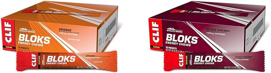 Clif Bloks Orange Flavor (2.12 Oz., 18 Count) And Black Cherry Flavor With Caffeine (2.12 Oz., 18 Count) Energy Chews Bundle