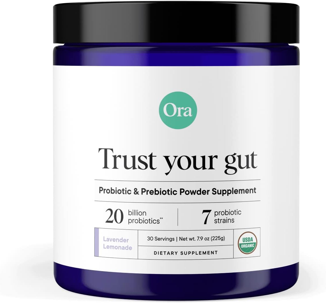 Ora Organic Prebiotic and Probiotic Powder Supplement - 20 Billion Probiotics, 7 Strains for Best Prebiotic Powder, Non-GMO, Probiotics for Women, Men & Kids - Lavender Lemonade Flavor, 30 Servings