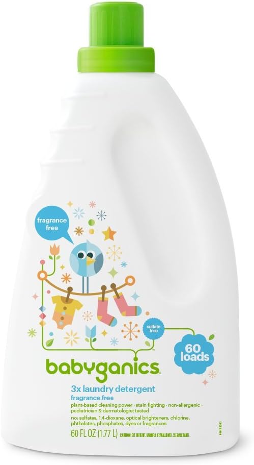 Babyganics 3X Baby Laundry Detergent, He Compatible, Stain-Fighting, Fragrance Free, 60 Fl Oz