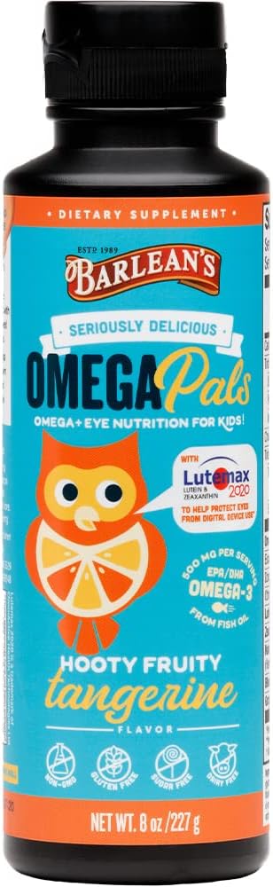 Barlean's Omega Pals Eye Health Liquid, Tangerine Flavored Omega 3 for Kids, Fish Oil Supplement with 500 mg of EPA & DHA Plus Lutein & Zeaxanthin Vitamins for Blue Light Support, 8 oz