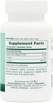 Natures Plus Papaya Enzyme - 6 Mg Papain - All Natural Digestive Aid Supplement, Contains Amylase & Protease - 180 Chewable Tablets (180 Servings)