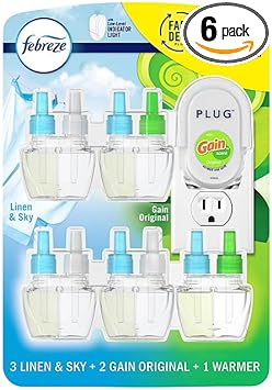 Febreze Plug in Air Fresheners, 3 Linen & Sky & 2 Gain Original Scent, Odor Eliminator for Strong Odors, 1 Warmer + 5 Oil Refills (Packaging May Vary)
