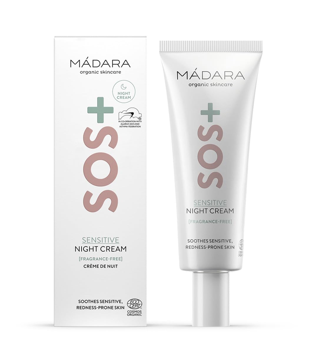 Mádara Organic Skincare | Sos+ Sensitive Night Cream, – Calming Moisture For Sensitive, Reactive And Redness-Prone Complexions, Dermatologically Proven To Soothe Redness, Fragrance And Colourant-Free