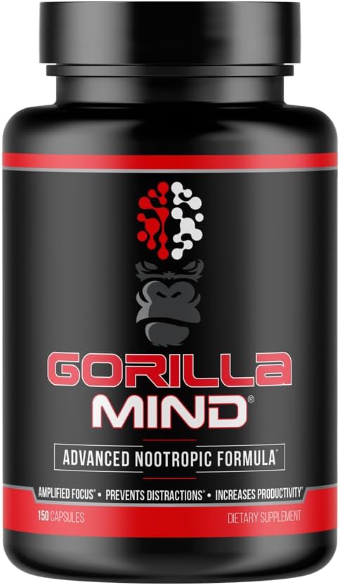 Gorilla Mind Nootropic Formula (150 Capsules) - Best Caffeinated Productivity Supplement / 8+ Hours of Focus and Energy