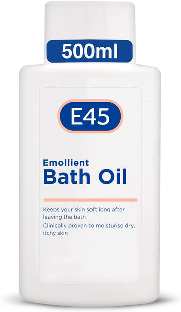 E45 Bath Oil 500 ml – E45 Bath Oil Emollient to Moisturise & Hydrate Dry Skin – Gently Cleanses for Soft Skin – Soap Free & Perfume Free Emollient Bath & Shower Oil Body Wash - Dermatologically Tested