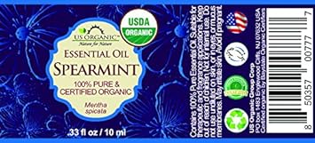 US Organic 100% Pure Spearmint Essential Oil - USDA Certified Organic, Steam Distilled - W/Euro droppers (More Size Variations Available) (10 ml / .33 fl oz)