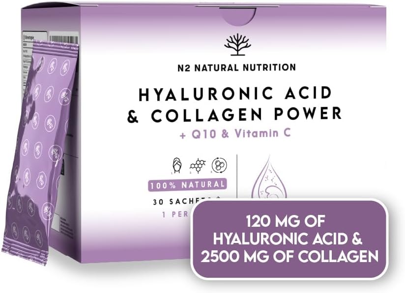 Hyaluronic Acid 120Mg + Collagen 2500Mg + Vitamin C + Coq10. Collagen Supplements For Women. High Dosage. Blueberry Flavour. Reduces Wrinkles, Moisturises And Rejuvenates. N2 Natural Nutrition