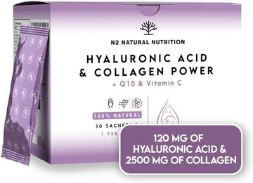 Hyaluronic Acid 120Mg + Collagen 2500Mg + Vitamin C + Coq10. Collagen Supplements For Women. High Dosage. Blueberry Flavour. Reduces Wrinkles, Moisturises And Rejuvenates. N2 Natural Nutrition
