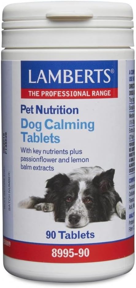 Lamberts Dog Calming Tablets 90 – With Passionflower, Lemon Balm & L-Tryptophan – Nervous System Support – Beef-Flavoured