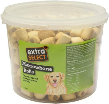 Extra Select Marrowbone Rolls Dog Treat Biscuits - Crunchy Dog Biscuits & Snacks with Meaty Center - Marrow Bone Puppy Treats & Bedtime Biscuits for Dogs - 3 Litre Resealable Tub?01SBT15
