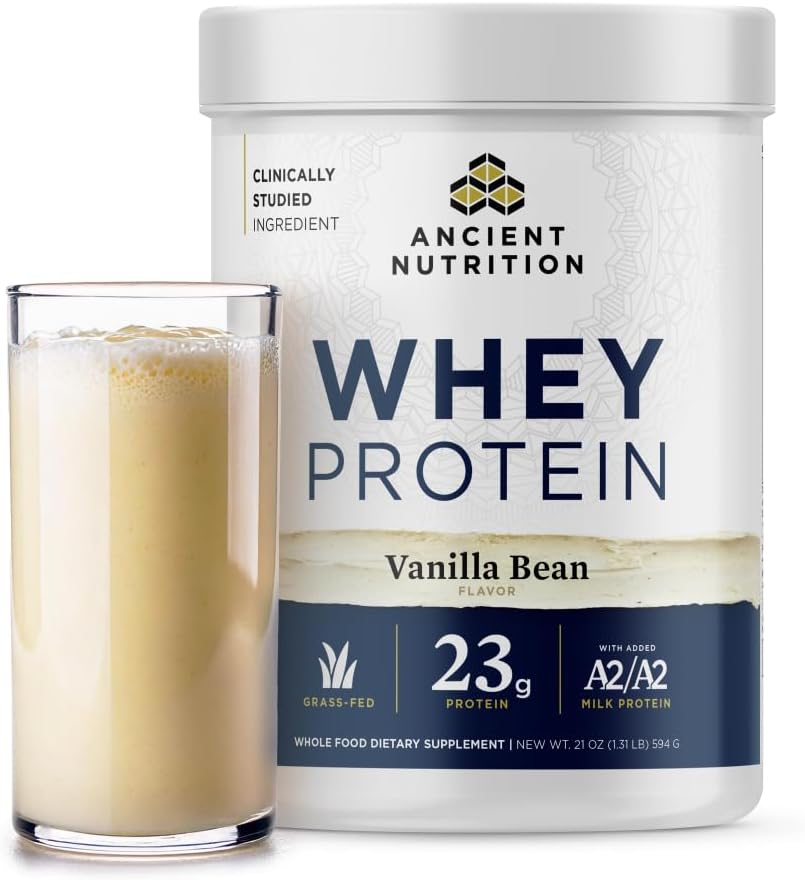 Ancient Nutrition Grass Fed Whey Protein, Vanilla Bean, 23G Protein, 20 Servings, Hydrolyzed Collagen Peptides, Organic Regenerative A2/A2 Milk Protein
