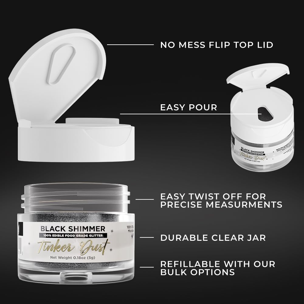Bakell - Black Shimmer Tinker Dust (5G, 1X Jar) Edible Glitter For Food, Desserts, And Beverages! : Grocery & Gourmet Food