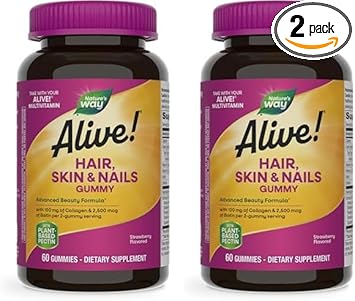 Nature'S Way Alive! Hair, Skin & Nails Gummies, Advanced Beauty Formula*, With Biotin And Collagen, Strawberry Flavored, 60 Gummies (Packaging May Vary) (Pack Of 2)