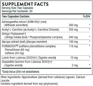 THORNE Memoractiv - Nootropic Brain Supplement for Focus, Creativity, and Concentration - Ashwagandha, Ginkgo, Lutemax, Bacopa, Pterostilbene - Gluten-Free, Dairy-Free - 60 Capsules - 30 Servings