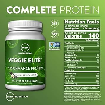 MRM Nutrition Veggie Elite Performance Protein | Chocolate Mocha Flavored| Plant-Based Protein| Easy to Digest | with BCAAs| Vegan + Gluten-Free | Clinically Tested| Digestive enzymes | 30 Servings : Health & Household