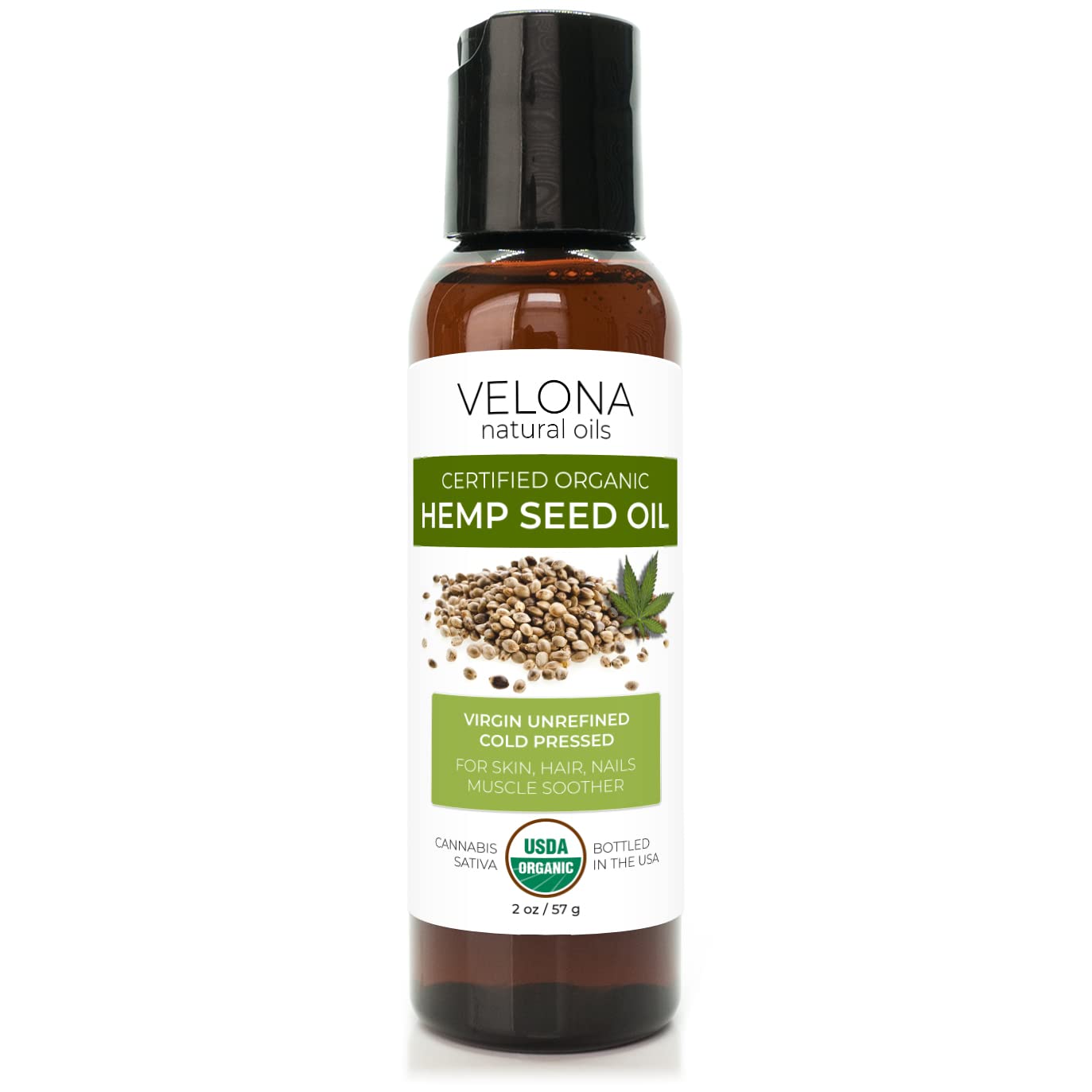 velona Hemp Seed Oil USDA Certified Organic - 2 oz | 100% Pure and Natural Carrier Oil | Unrefined, Cold Pressed | Hair, Body, Face & Skin Care | Use Today - Enjoy Results