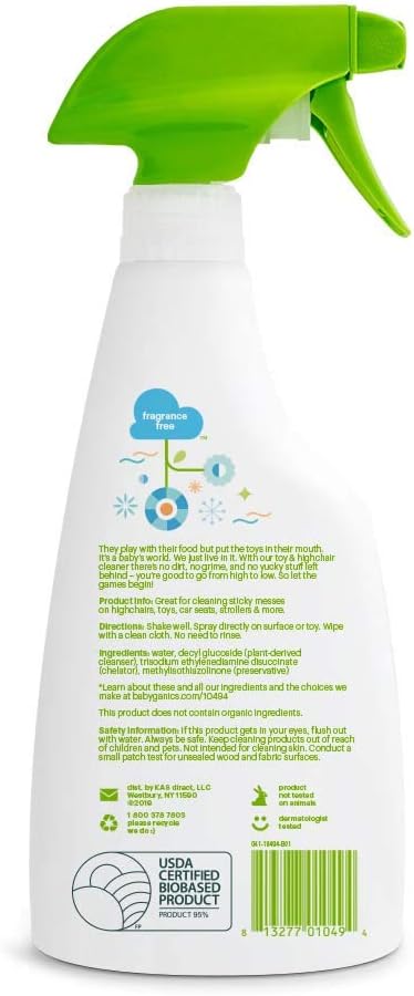 Babyganics Toy & Highchair Cleaner Spray, Fragrance Free, 17Oz Spray Bottle, Made Without Ammonia, Bleach, Phosphates, Phthalates Or Dyes, Pack Of 2