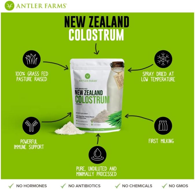 Antler Farms 100% Pure New Zealand Colostrum, 30 Servings, 1 Lb - Grass Fed, Pasture Raised, Clean Sourced, Cold Processed, Undiluted, High Igg Content : Health & Household