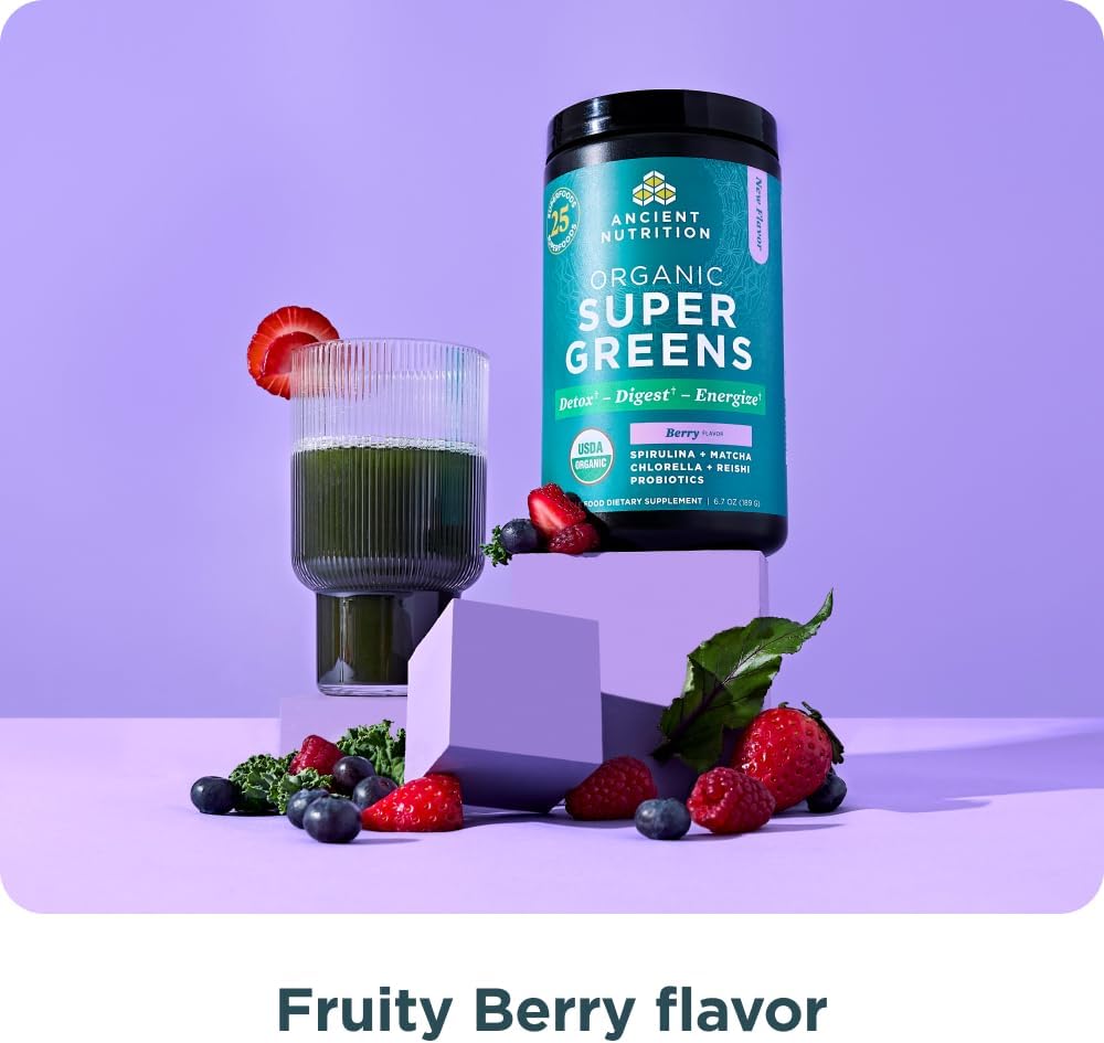 Ancient Nutrition Supergreens Powder With Probiotics, Organic Mango Flavor Greens, Made From Real Fruits, Vegetables And Herbs, Digestive And Energy Support, 25 Servings, 6.8Oz : Health & Household