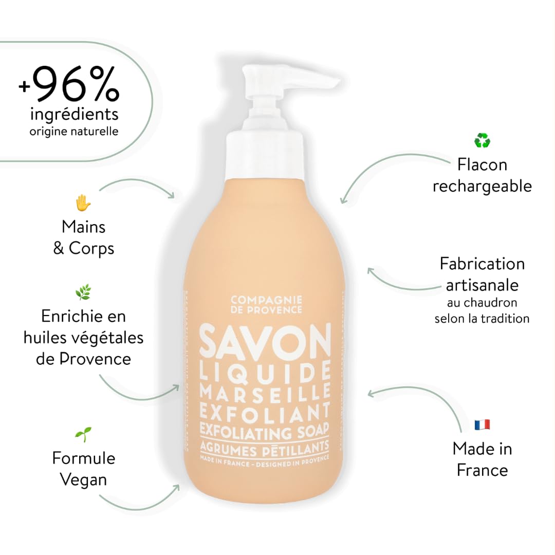 Compagnie De Provence Savon De Marseille Extra Pure Liquid Soap - Exfoliating Sparking Citrus - 16.7 Fl Oz Glass Pump Bottle