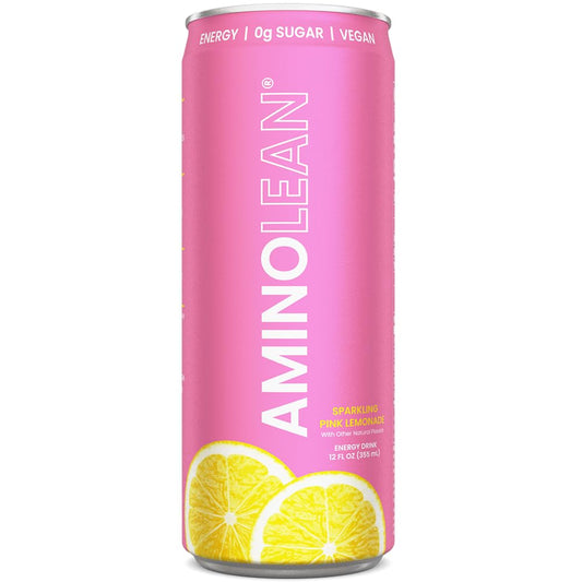 Aminolean Energy Drink - Sugar Free Amino Energy With Natural Caffeine & Vegan Amino Acids For No Jitters, Tingles, Or Crash, Pink Lemonade, 12 Pack