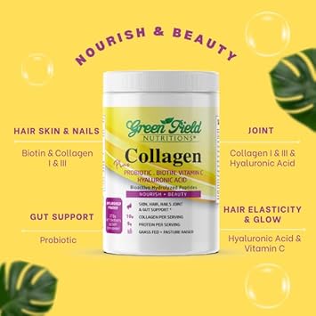 Greenfield Nutritions Halal Collagen Peptides Powder - 9G Halal Protein Probiotic, Biotin, Hyaluronic Acid & Vitamin C - 270G Halal Collagen For Women & Men - Supports Hair, Skin, Nails, Joints & Gut