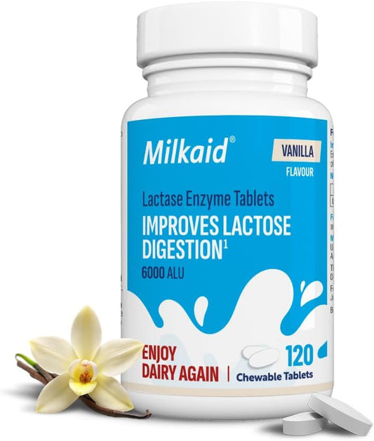 Milkaid Vanilla Lactase Enzyme Chewable Tablets For Lactose Intolerance Relief | Prevents Gas, Bloating & Diarrhoea | Fast Acting Dairy Digestive Supplement | Gluten Free & Vegan | 120 Tablets