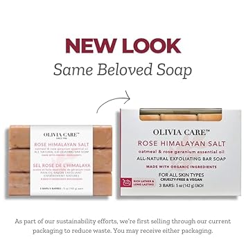 Olivia Care Exfoliating Bar Soap With Rose Himalayan Salt Natural & Organic - Infused W/Oatmeal & Rose Essential Geranium Oil - Moisturize, Detoxify, Hydrate - 3 X 5 Oz : Beauty & Personal Care