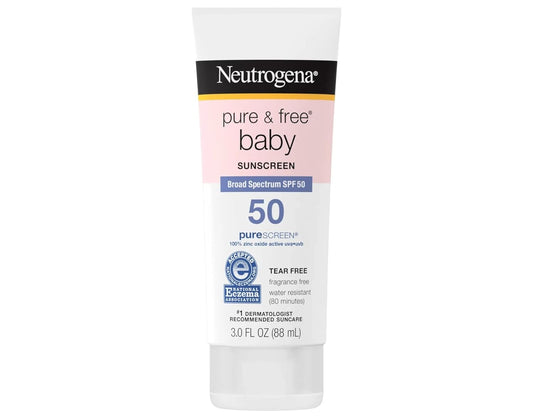 Neutrogena Pure & Baby Mineral Sunscreen Lotion With Broad Spectrum Spf 50 & Zinc Oxide, Water-Resistant, Hypoallergenic & Tear-Free Baby Sunscreen, 3 Fl. Oz (Pack Of 2)