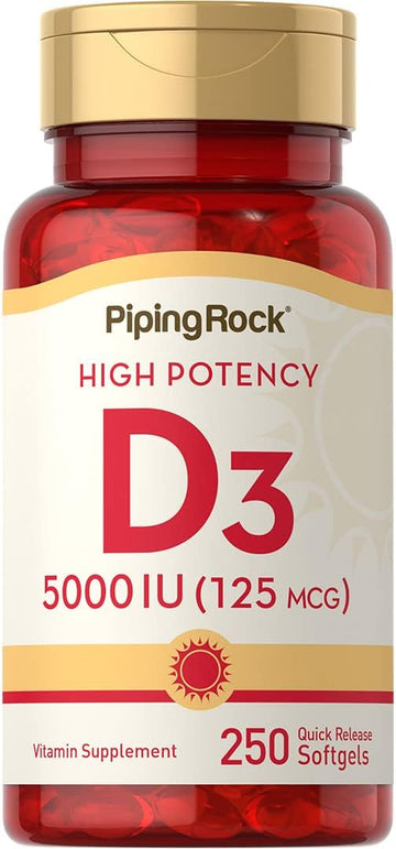 Piping Rock Vitamin D3 5000 IU | 250 Softgels | High Potency Supplement | Non-GMO, Gluten Free