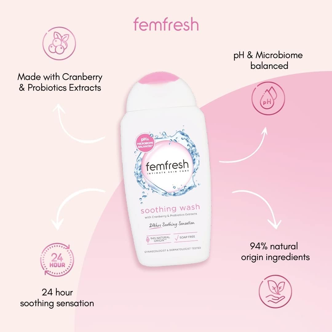 Femfresh Ultimate Care Soothing Wash - Intimate Daily Vaginal Feminine Hygiene Shower Gel Cleanser – Ph Balanced, Soap Free W.Hydrating Cranberry & Probiotics Extract, Long-Lasting Multiactif - 250 Ml
