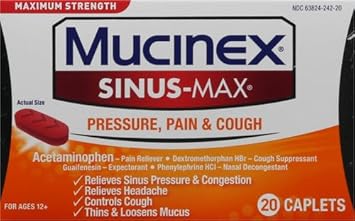 Mucinex Maximum Strength Sinus-Max Pressure, Pain & Cough Caplets, 20 Ct, Relieves Minor Aches And Pains, Headache, Chest Congestion, Nasal Congestion, Sinus Pressure, And Controls Cough