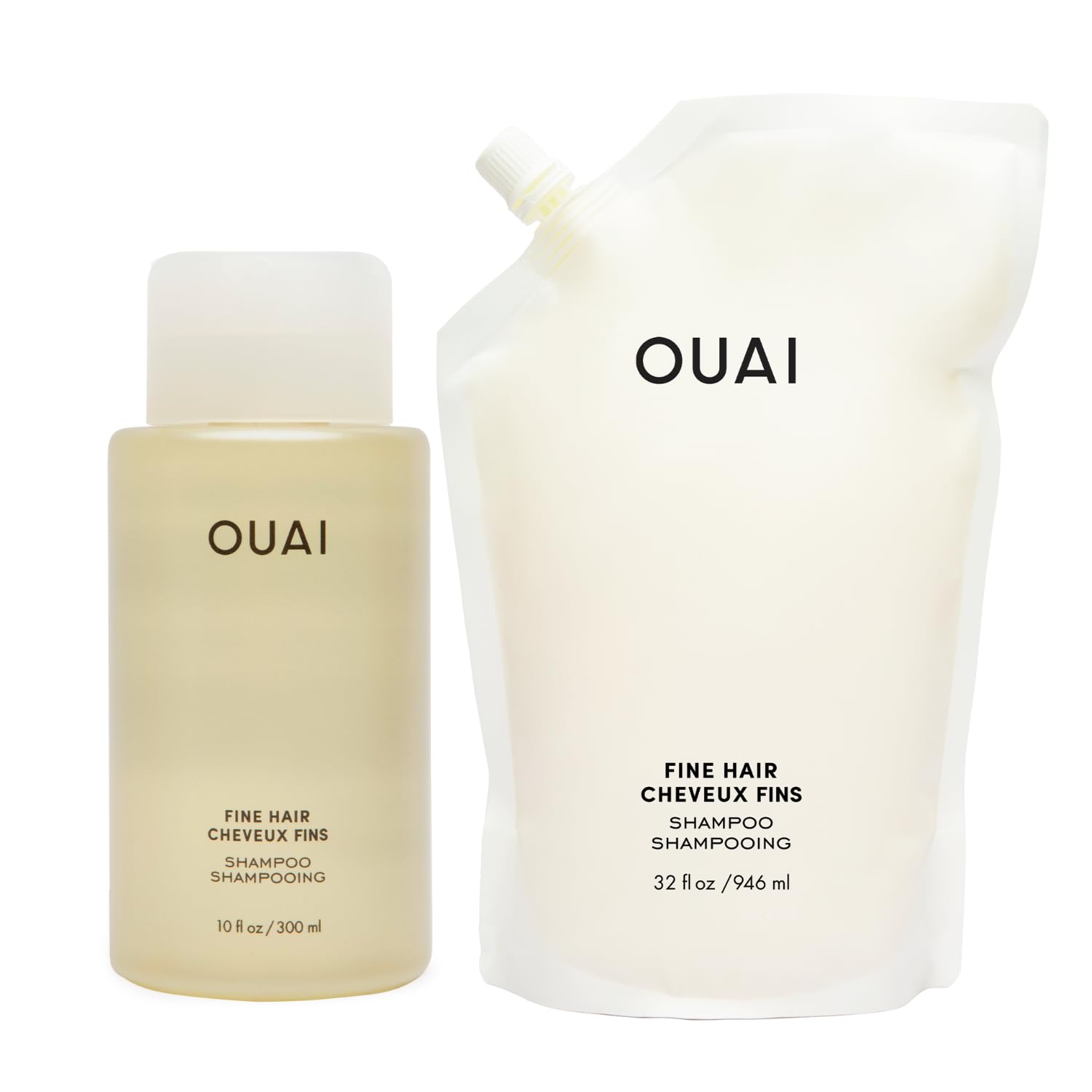 OUAI Fine Shampoo + Refill Bundle - Volumizing Shampoo with Keratin, Biotin & Chia Seed Oil for Fine Hair - Delivers Clean, Weightless Body - Sulfate Free Hair Care (2 Count, 10 Oz/32 Oz)