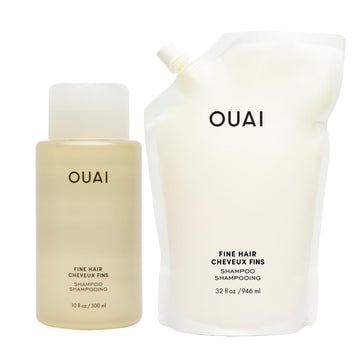 OUAI Fine Shampoo + Refill Bundle - Volumizing Shampoo with Keratin, Biotin & Chia Seed Oil for Fine Hair - Delivers Clean, Weightless Body - Sulfate Free Hair Care (2 Count, 10 Oz/32 Oz)