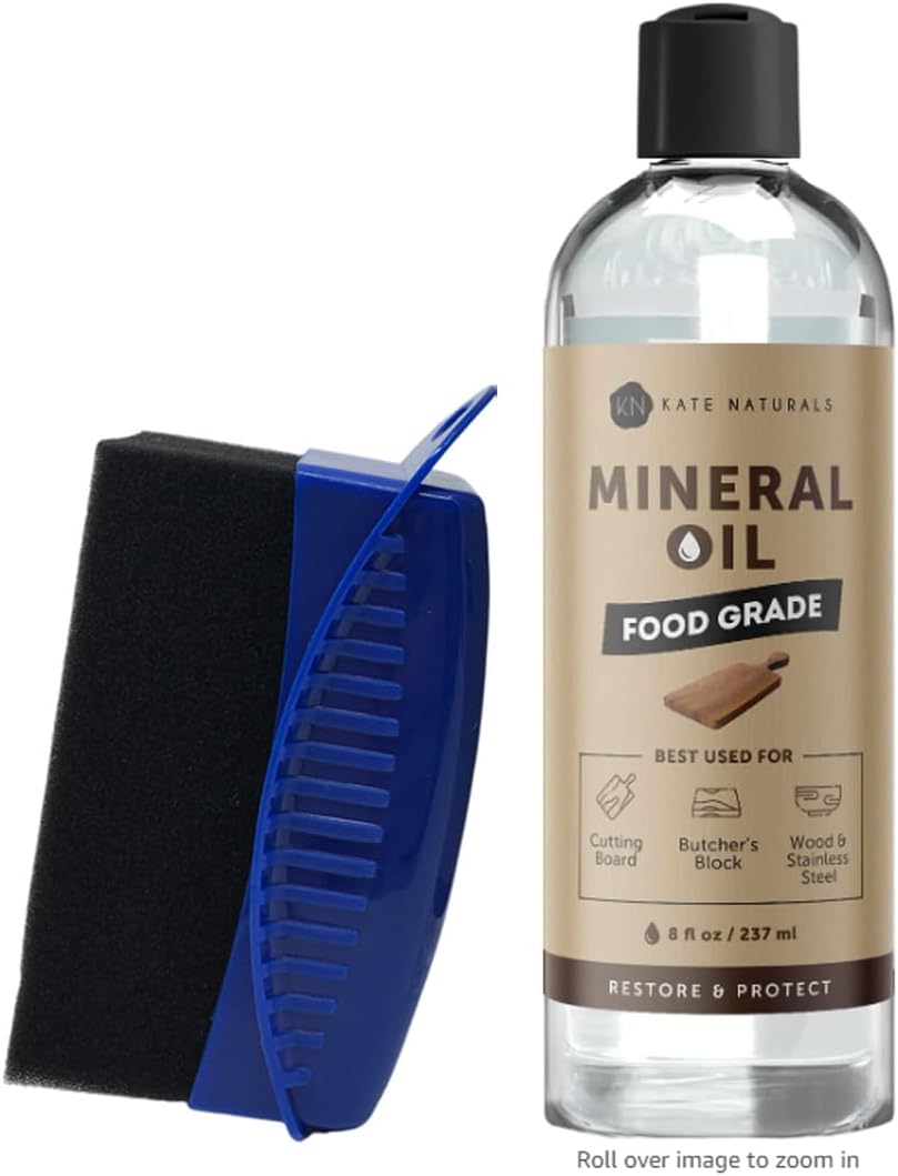 Kate Naturals Mineral Oil for Cutting Board 8oz with Wax Applicator. Food Grade & Food Safe Mineral Oil to Protect Wood on Cutting Boards & Butcher Blocks