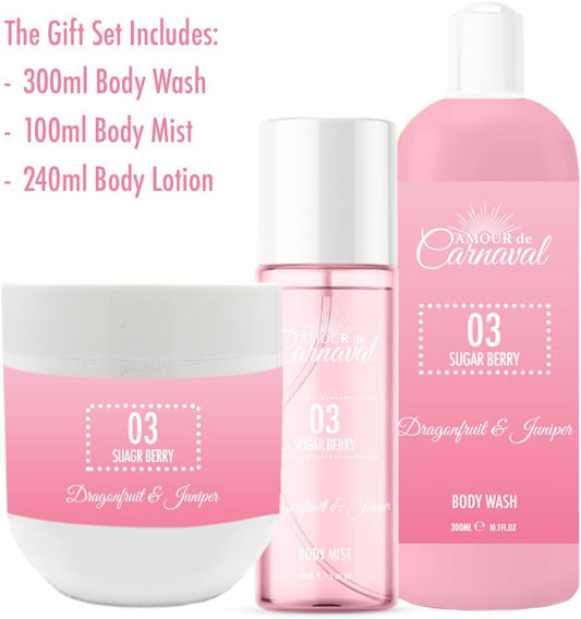 Amour De Carnaval - Sugar Berry - Body Trio Set - Dragonfruit & Jasmine - Body Wash 300Ml, Body Mist 100Ml, Body Lotion 240Ml