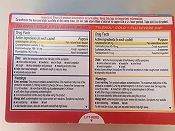 Tylenol Cold & Flu Severe Day & Night Caplets, Pack of 72 : Health & Household