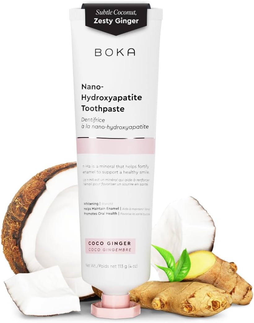 Boka Fluoride Free Toothpaste - Nano Hydroxyapatite, Remineralizing, Sensitive Teeth, Whitening - Dentist Recommended for Adult, Kids Oral Care - Coco Ginger Flavor, 4 Fl Oz 1 Pk - US Manufactured