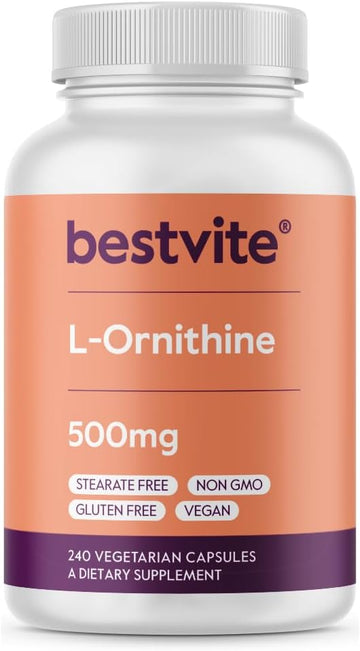 Bestvite L-Ornithine 500Mg (240 Vegetarian Capsules) - No Stearates - No Fillers - Vegan - Non Gmo - Gluten Free