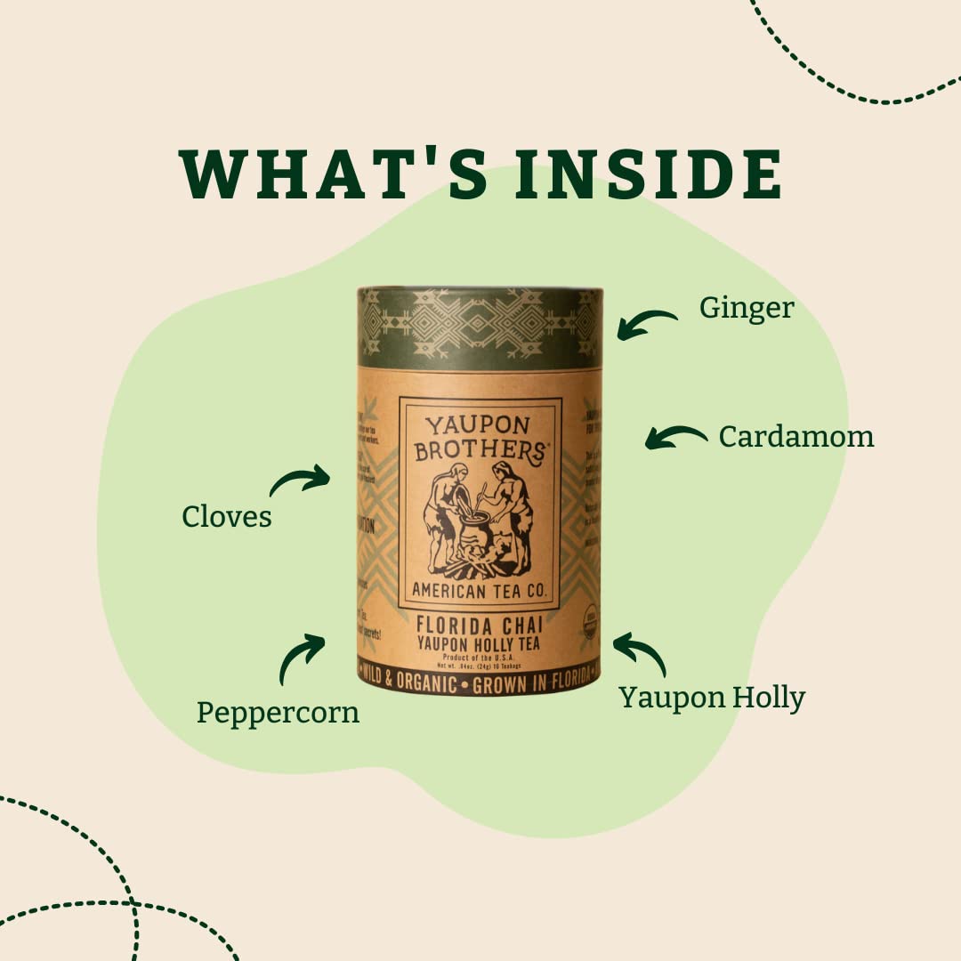 Yaupon Brothers Chai Yaupon Tea - 16 Eco-Friendly Yaupon Chai Tea Bags Crafted From Organic Ingredients & Antioxidant Rich Yaupon Tea Leaves - Perfect Concentrate Substitute