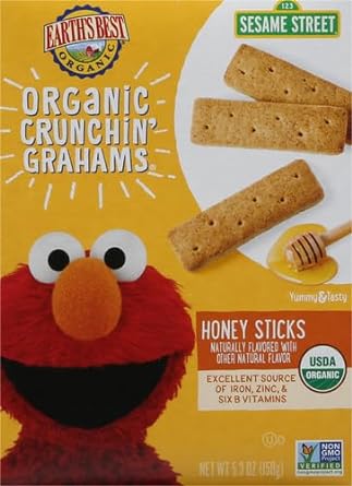 Earth's Best Organic Kids Snacks, Sesame Street Toddler Snacks, Organic Crunchin' Grahams for Toddlers 2 Years and Older, Honey Sticks with other Natural Flavors, 5.3 oz Box