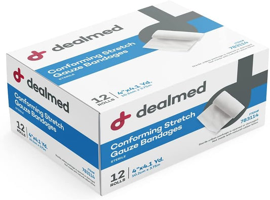 Dealmed 4" Sterile Conforming Stretch Gauze Bandages, 4.1 Yards Latex Free Stretched Dressing Wrap, Medical Non-Adherent Wound Care Mesh Bandages (Box Of 12 Rolls)