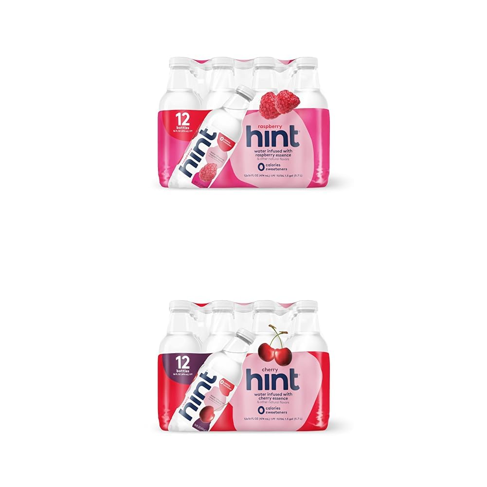 Hint Water Cherry And Raspberry (Pack Of 24), 12 Bottles Of Cherry & 12 Bottles Of Hint Raspberry, Zero Calories, Zero Sugar, And Zero Sweeteners